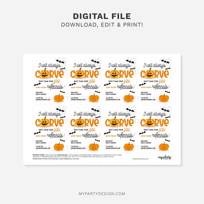 printable pumpkin halloween referrals tags in orange and black for realtor or medical referral gifts