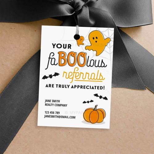 your faBOOlous referrals are truly appreciated Halloween gift tags in orange and black colors