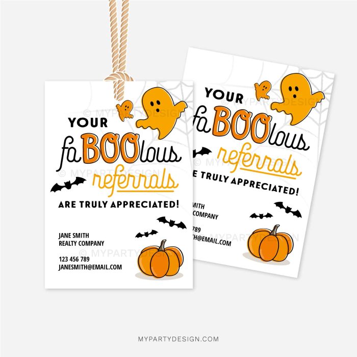 faBOOlous halloween referrals tags in orange and black for realtor or medical referral gifts