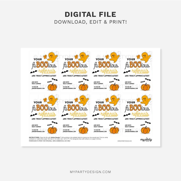 printable faBOOlous halloween referrals tags in orange and black for realtor or medical referral gifts