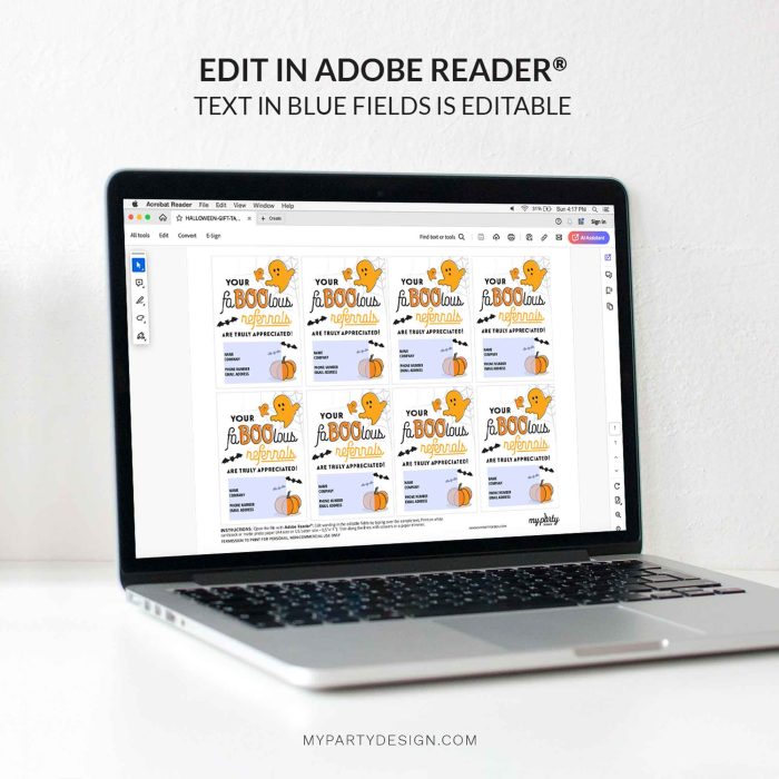 editable faBOOlous halloween referrals tags in orange and black for realtor or medical referral gifts