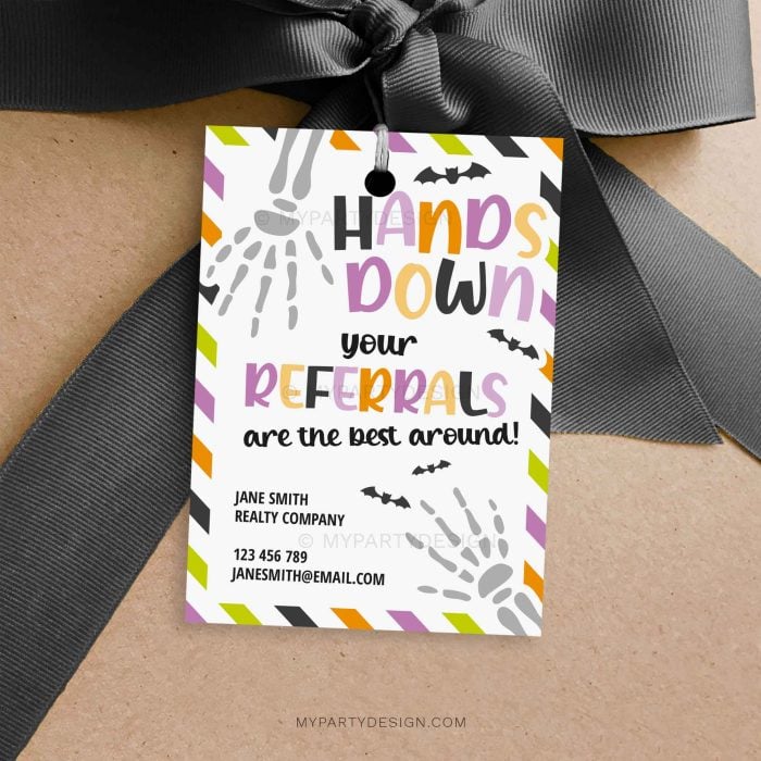 hands down your referrals are the best around Halloween gift tags in orange, purplee and green colors