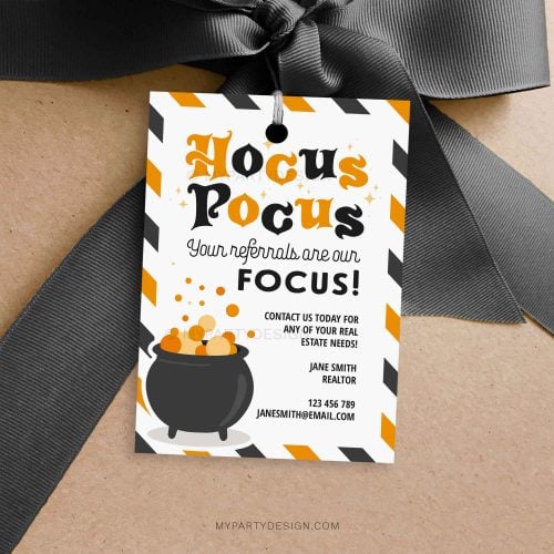 halloween client referrals appreciation gift tag that reads "hocus pocus, your referrals are my focus"