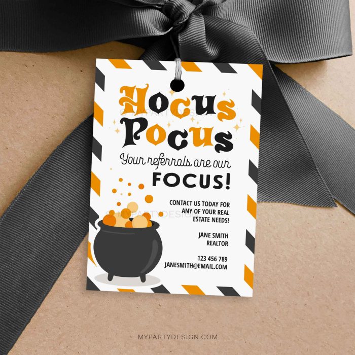 halloween client referrals appreciation gift tag that reads "hocus pocus, your referrals are my focus"