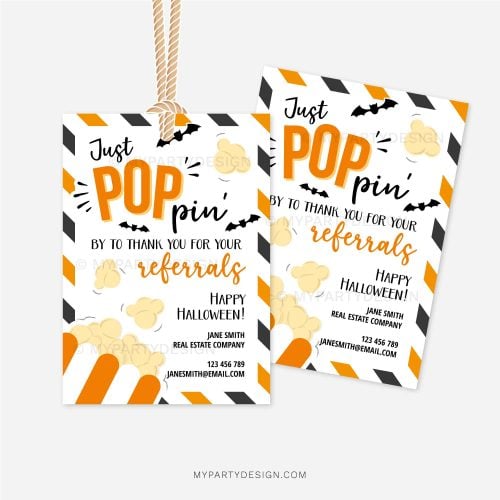 pop by popcorn halloween referrals tags in orange and black for realtor or medical referral gifts