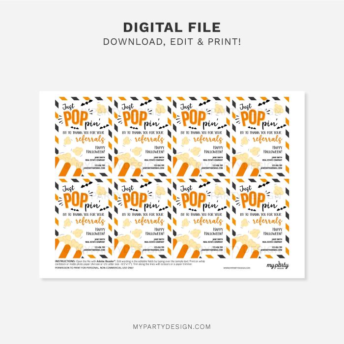 printable pop by popcorn halloween referrals tags in orange and black for realtor or medical referral gifts