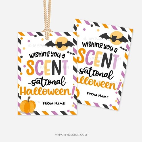 halloween gift tags that read "Wishing you a Scent-sational Halloween!"