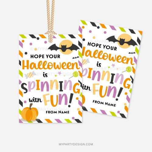 printable halloween class gift tags that read "Hope your Halloween is spinning with fun!"