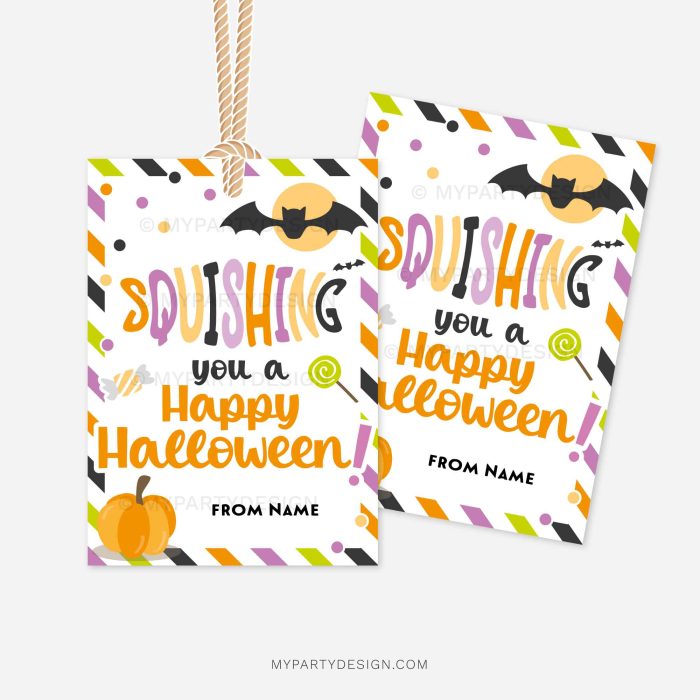printable halloween class gift tags that read "squishing you a happy Halloween"