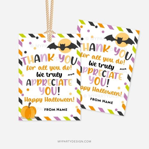 orange, purple green and black halloween appreciation gift tags that read "thank you for all you do, we truly appreciate you"
