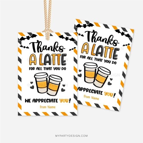 black and orange thanks a latte halloween gift tags
