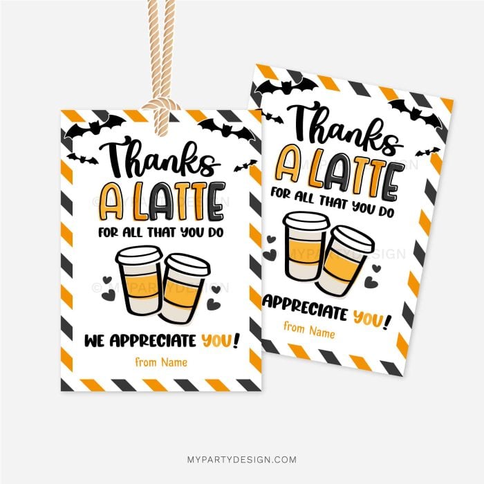 black and orange thanks a latte halloween gift tags