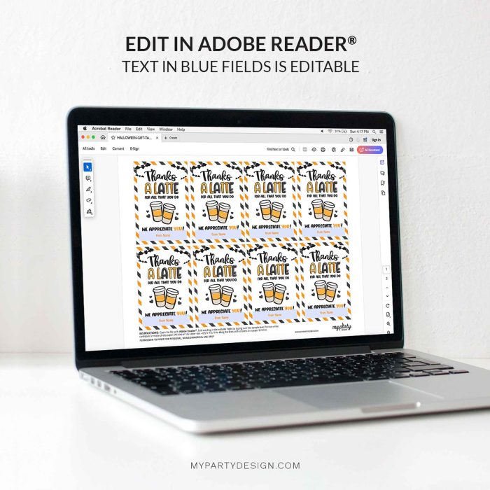 editable thanks a latte halloween tag template