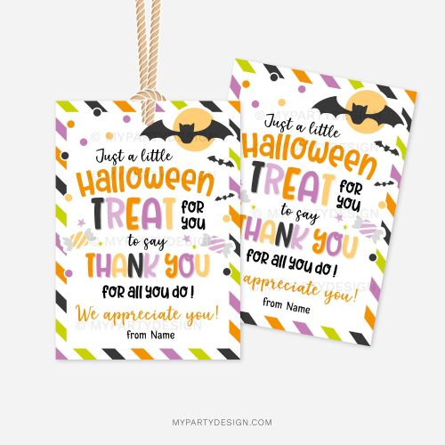 orange, purple green and black halloween appreciation gift tags that read "just a little halloween treat for you to say thank you for all you do"