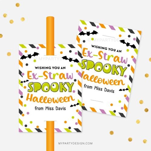 Halloween straw tags that read "Wishing you an Ex-Straw Spooky Halloween" for students class gifts