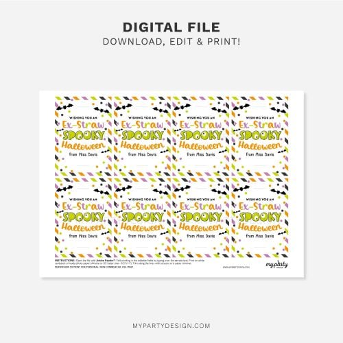 printable Halloween straw tags that read "Wishing you an Ex-Straw Spooky Halloween" for students class gifts