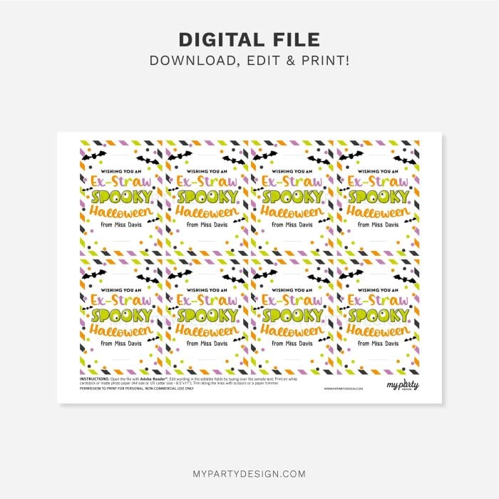 printable Halloween straw tags that read "Wishing you an Ex-Straw Spooky Halloween" for students class gifts