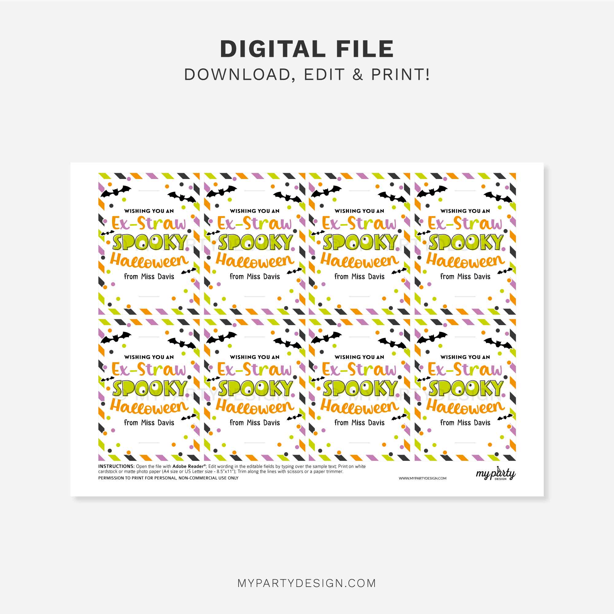 HALLOWEEN-STRAW-TAGS-EXTRAW-SPOOKY-00B printable Halloween straw tags that read "Wishing you an Ex-Straw Spooky Halloween" for students class gifts