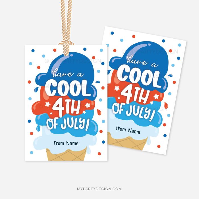 have a cool 4th of July gift tag with ice cream illustration in red and blue for Independence Day gifts