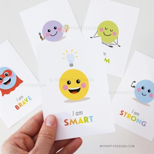 kids affirmation cards for daily motivation and self-esteem, featuring face illustrations and "I am" quotes