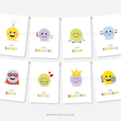 emoji themed kids affirmation cards with funny faces and "I am" statements