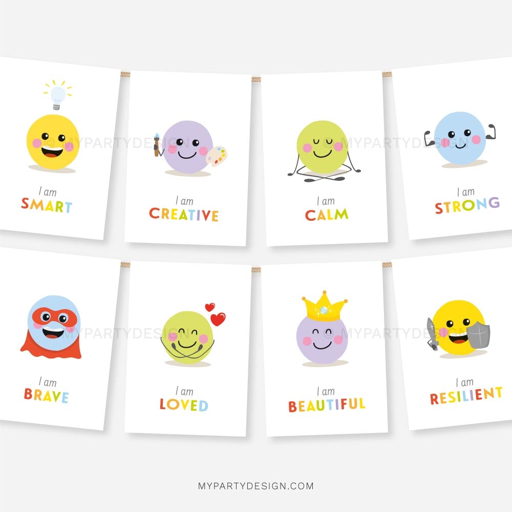 KIDS-AFFIRMATION-CARDS-00B emoji themed kids affirmation cards with funny faces and "I am" statements