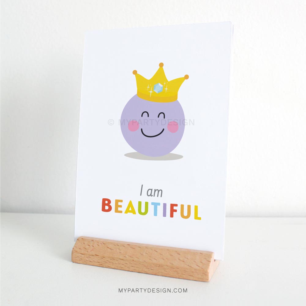 KIDS-AFFIRMATION-CARDS-00C kids affirmation card on a stand that reads "I am beautiful"