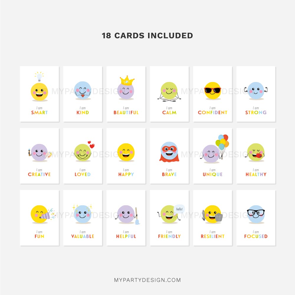 KIDS-AFFIRMATION-CARDS-00G 18 printable kids affirmation cards with funny faces and "I am" quotes
