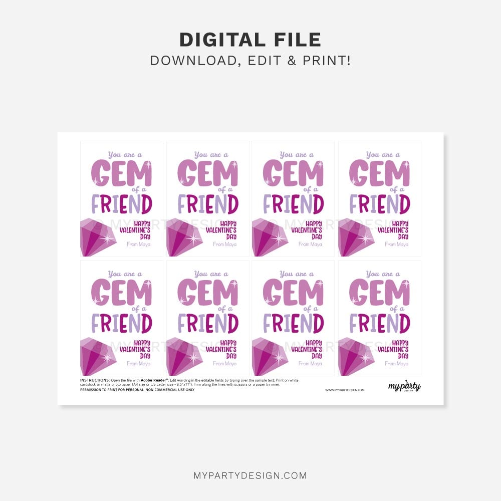 KIDS-VALENTINES-TAGS-GEM-FRIEND-00B printable You are a Gem of a Friend Valentines Tags / Cards