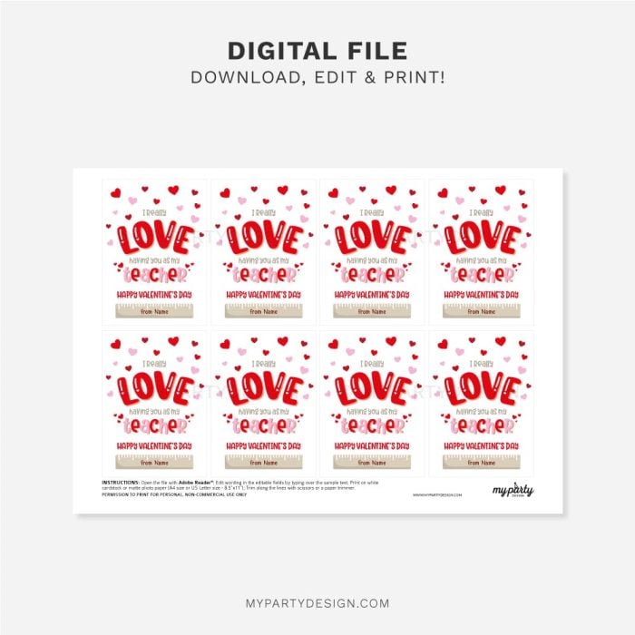 printable Love having you as my Teacher Valentine's Day tags