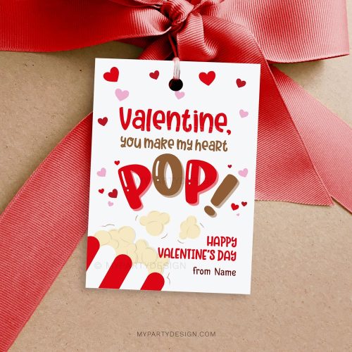 popcorn valentines tags that read "you make my heart pop"