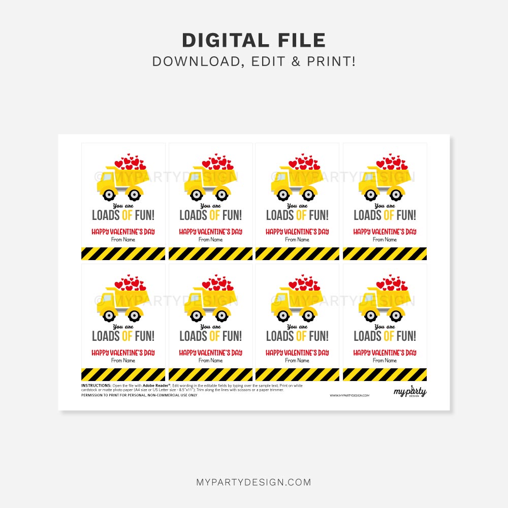 KIDS-VALENTINES-TAGS-TRUCK-LOADS-OF-FUN-00B printable Dump Truck Valentines tags / cards for kids