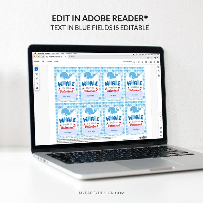editable whale valentines tags
