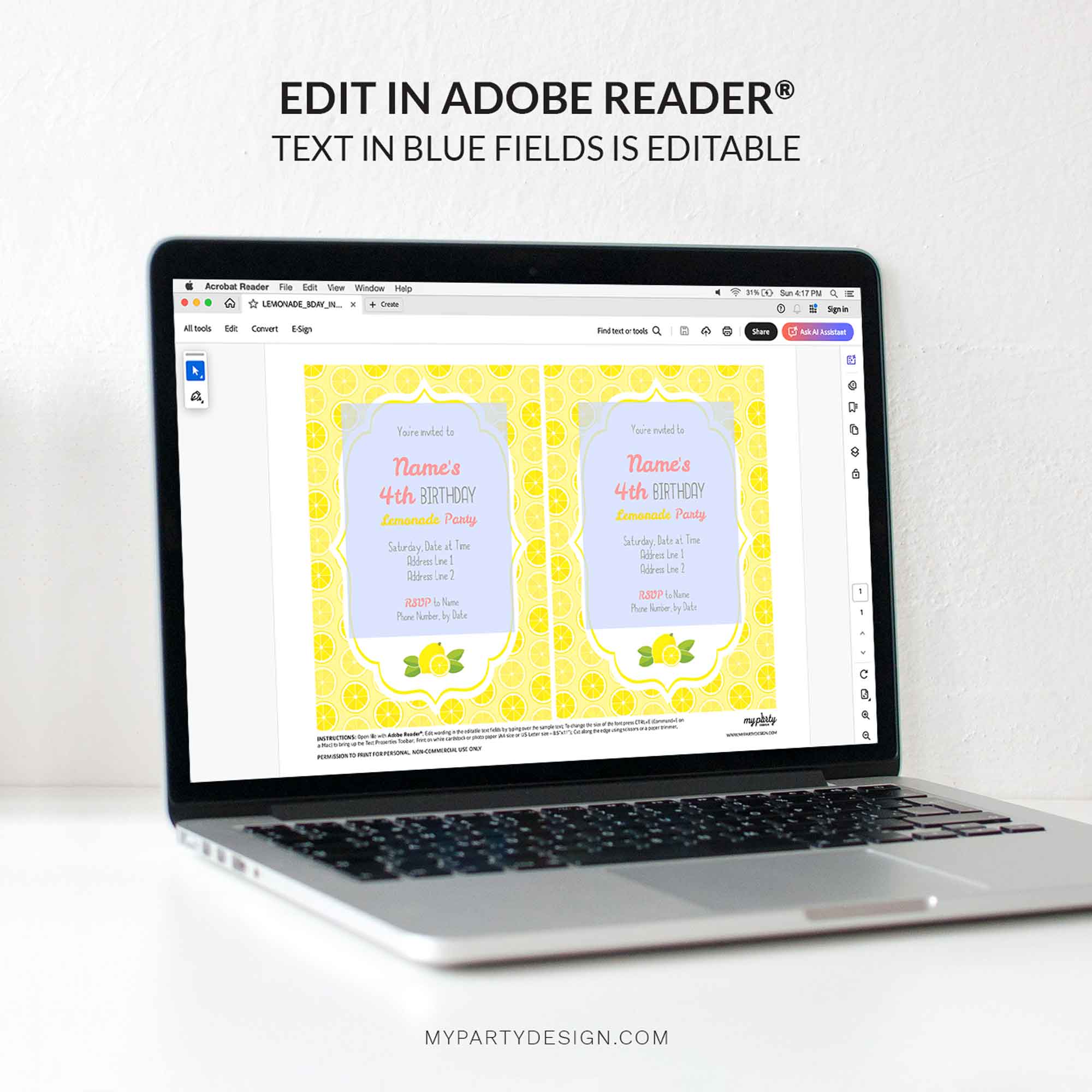LEMONADE_BDAY_INVITATION-06 lemonade party invitation - editable printable invite