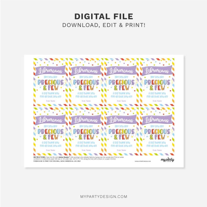 printable librarian appreciation tag that reads "librarians like you are precious and few. A bing thank you for all that you do!"
