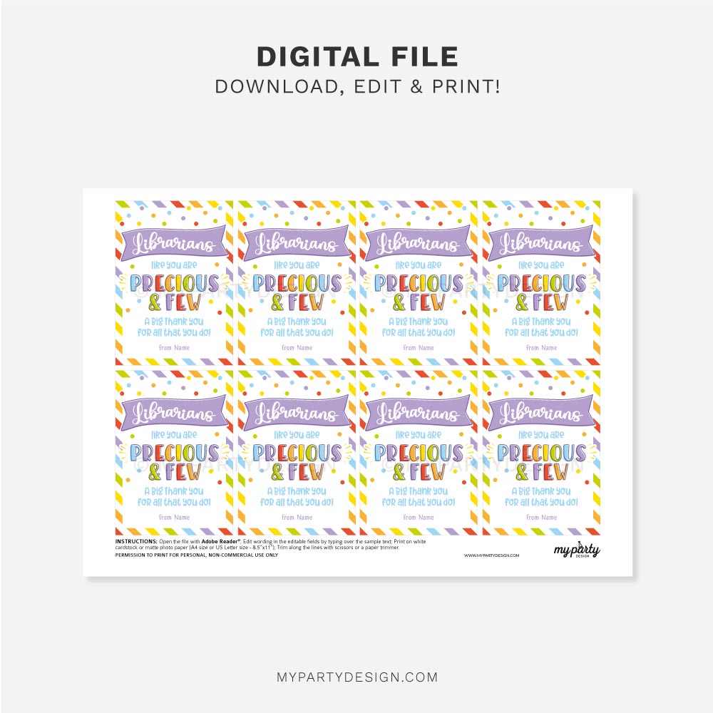 LIBRARIAN-APPRECIATION-TAGS-LIBRARIANS-LIKE-YOU-00C printable librarian appreciation tag that reads "librarians like you are precious and few. A bing thank you for all that you do!"