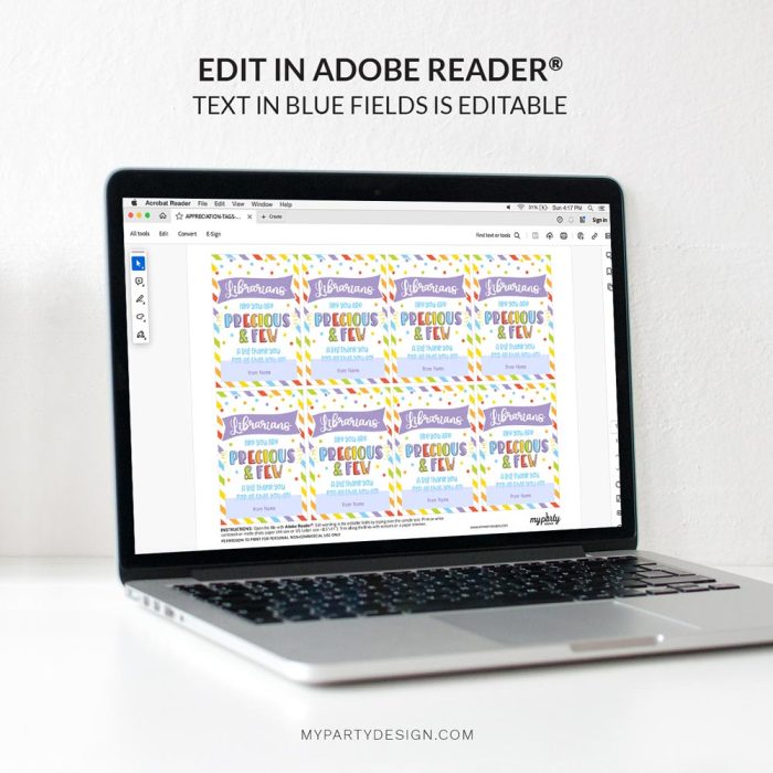 editable librarian appreciation tag that reads "librarians like you are precious and few. A bing thank you for all that you do!"