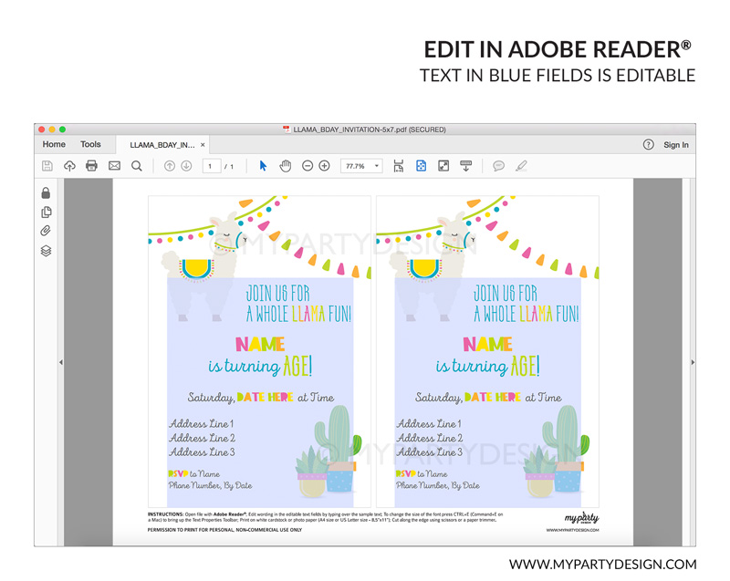 LLAMA_BDAY_INVITATION-05 llama party invitation - editable printable invite