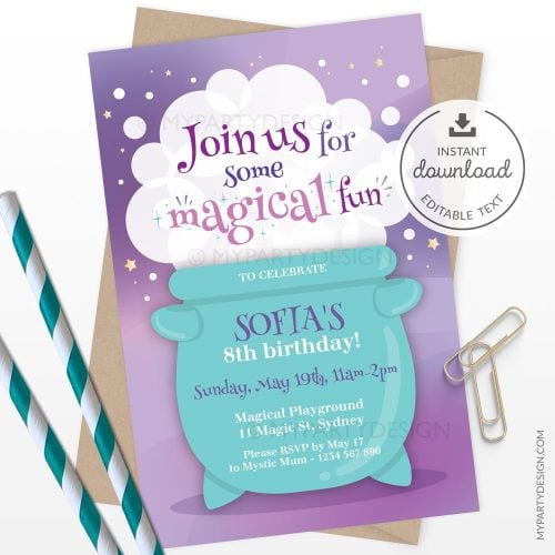 magic potion party invitation with a purple background and turquoise bubbling cauldron