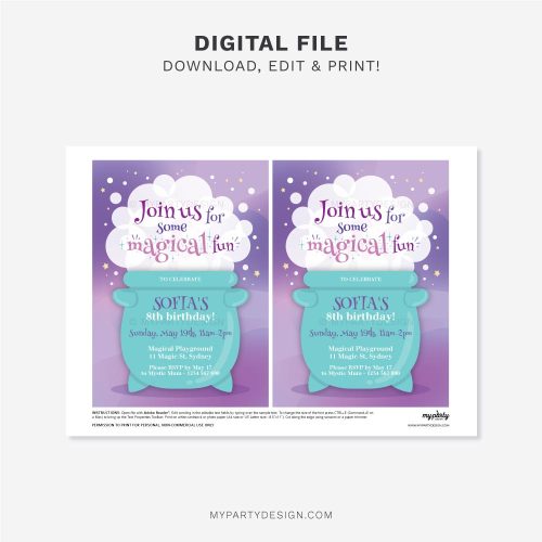 printable magic potion party invitation with a purple background and turquoise bubbling cauldron