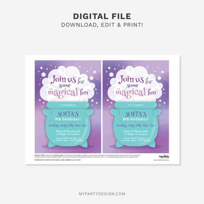 printable magic potion party invitation with a purple background and turquoise bubbling cauldron