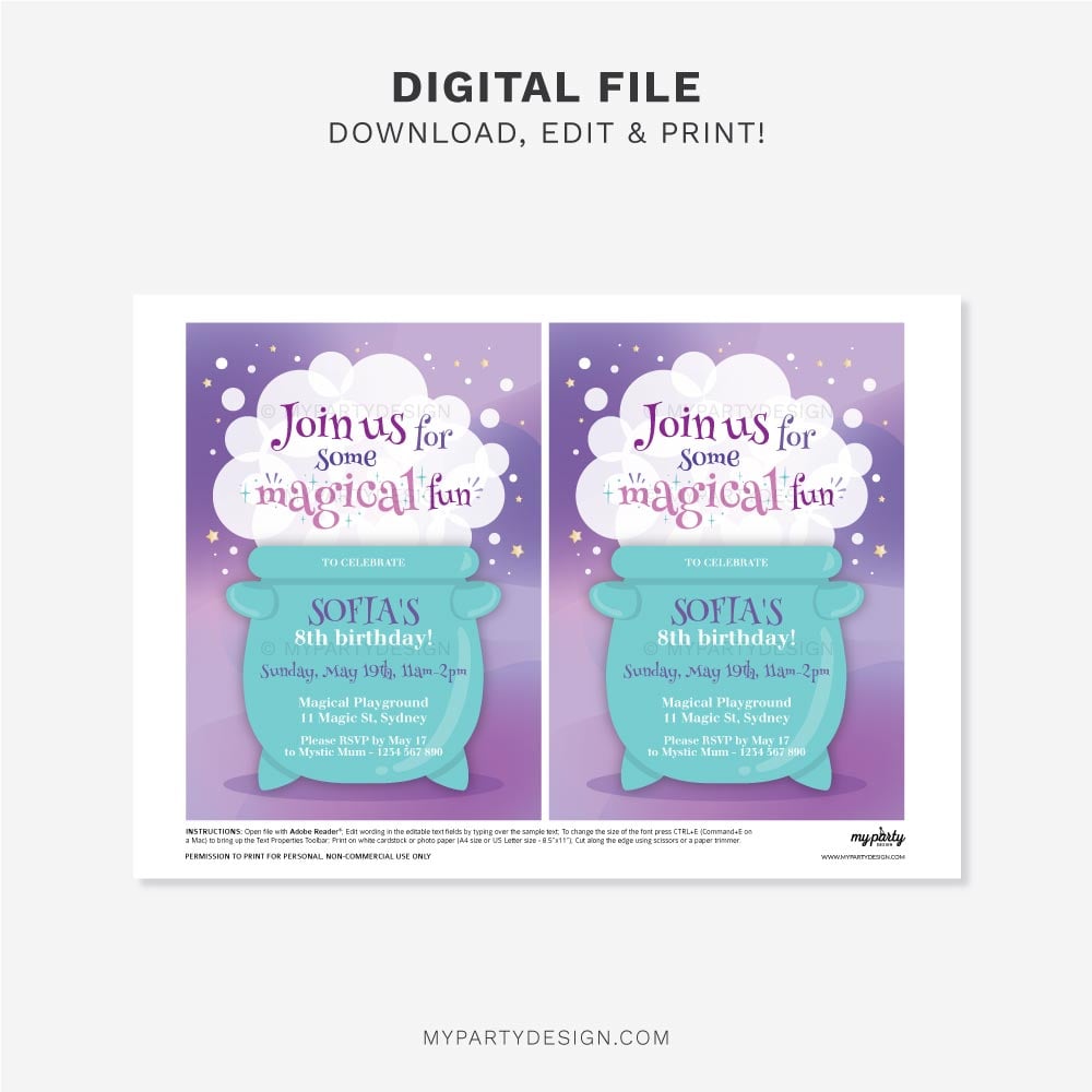 MAGIC-POTION-BIRTHDAY-PARTY-PRINTABLE-INVITATION-00B printable magic potion party invitation with a purple background and turquoise bubbling cauldron