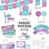 magic potion party decoration theme in purple and turquoise colours, featuring potion mixing illustrations