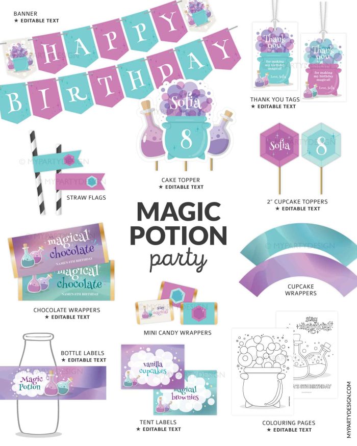 magic potion party decoration theme in purple and turquoise colours, featuring potion mixing illustrations