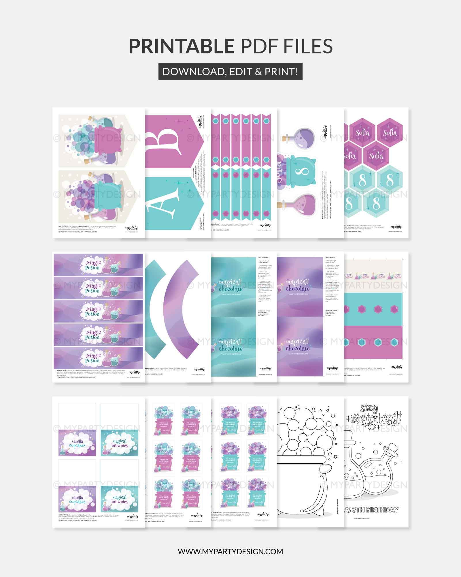 MAGIC-POTION-BIRTHDAY-PARTY-PRINTABLES-00C printable magic potion party decoration theme in purple and turquoise colours, featuring potion mixing illustrations