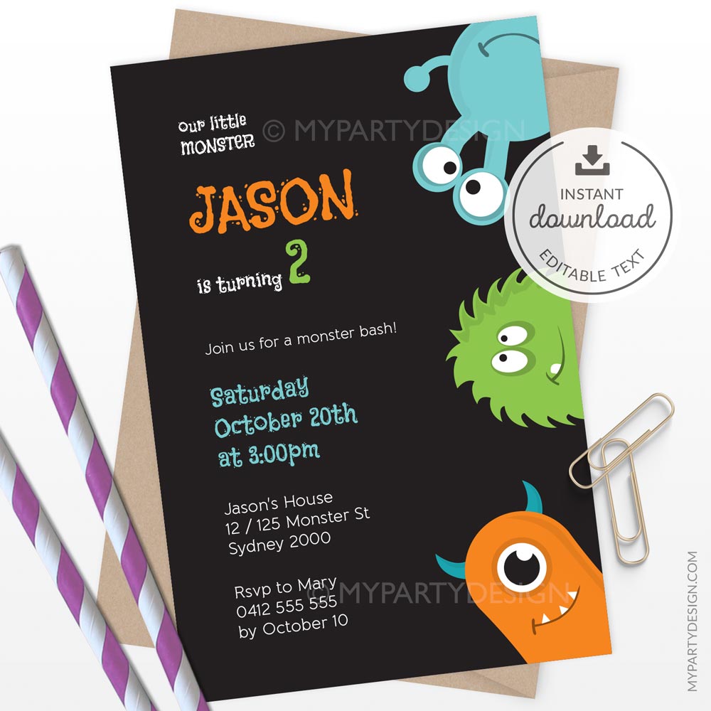 MONSTER_PARTY_INVITATION-09 Little Monster birthday invitation with black background