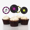 music party cupcake toppers in purple, black and lime green colours