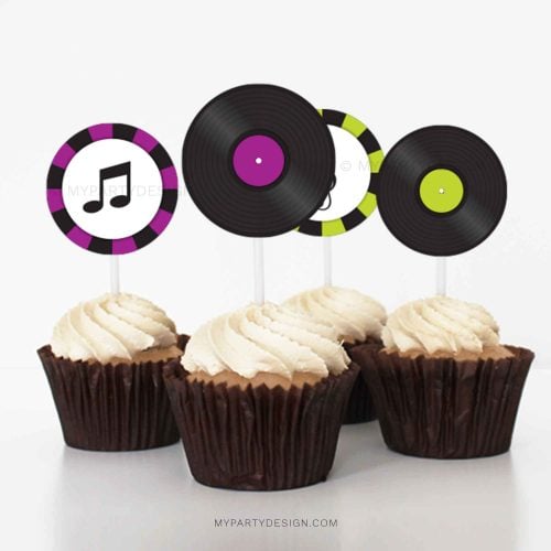 music party cupcake toppers in purple, black and lime green colours