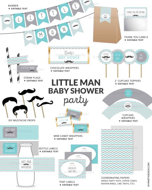 turquoise and grey little man baby shower printables for a boy baby shower decoration