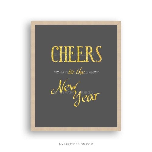 printable cheers to the new year print with grey background and gold glitter effect